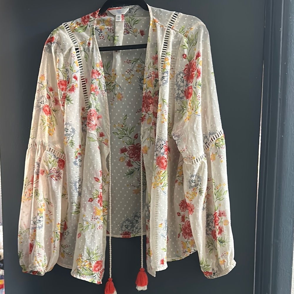Cream Long Sleeve Tie Front Blouse with Mandarin Collar